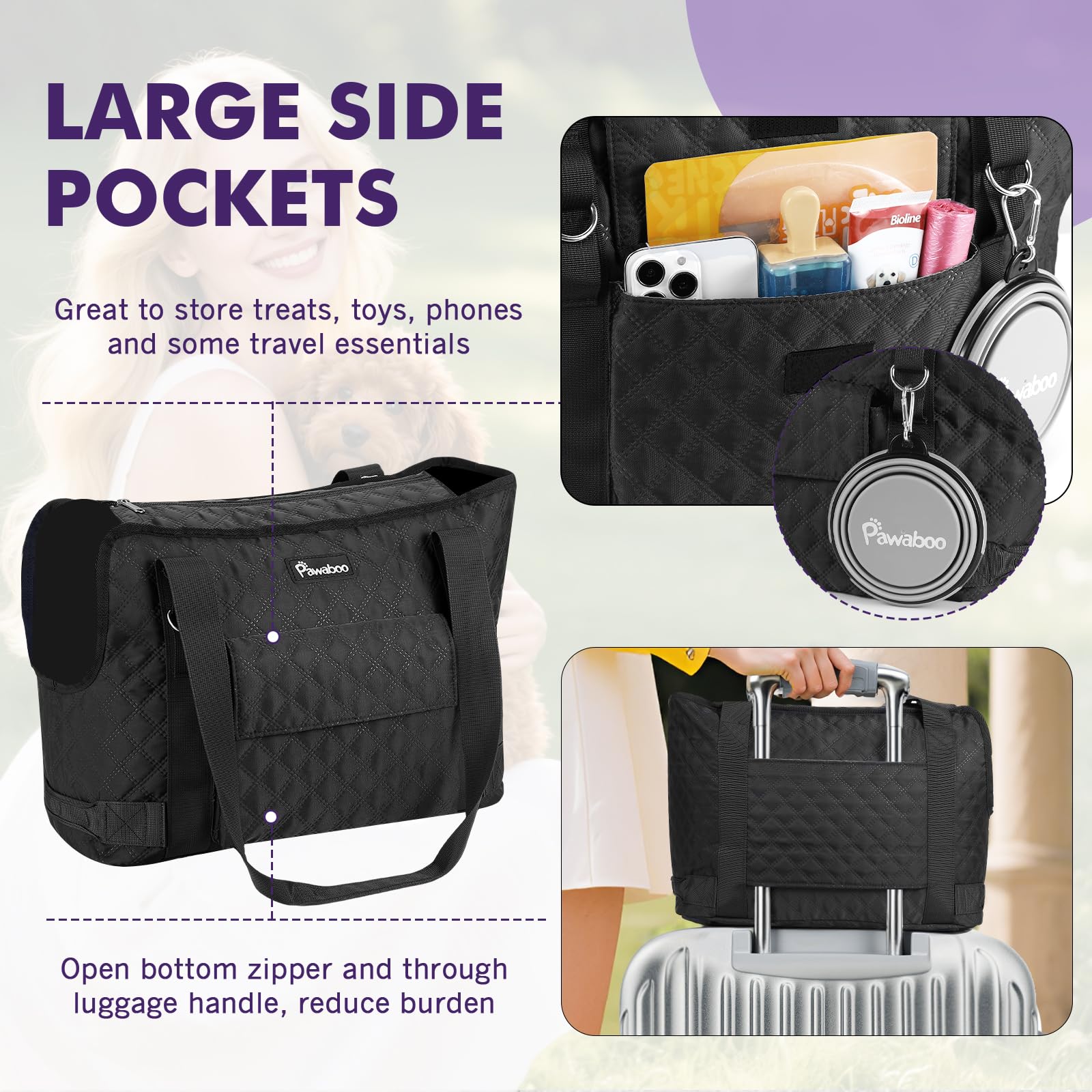 Pawaboo carrier front and back pockets for travel essentials.