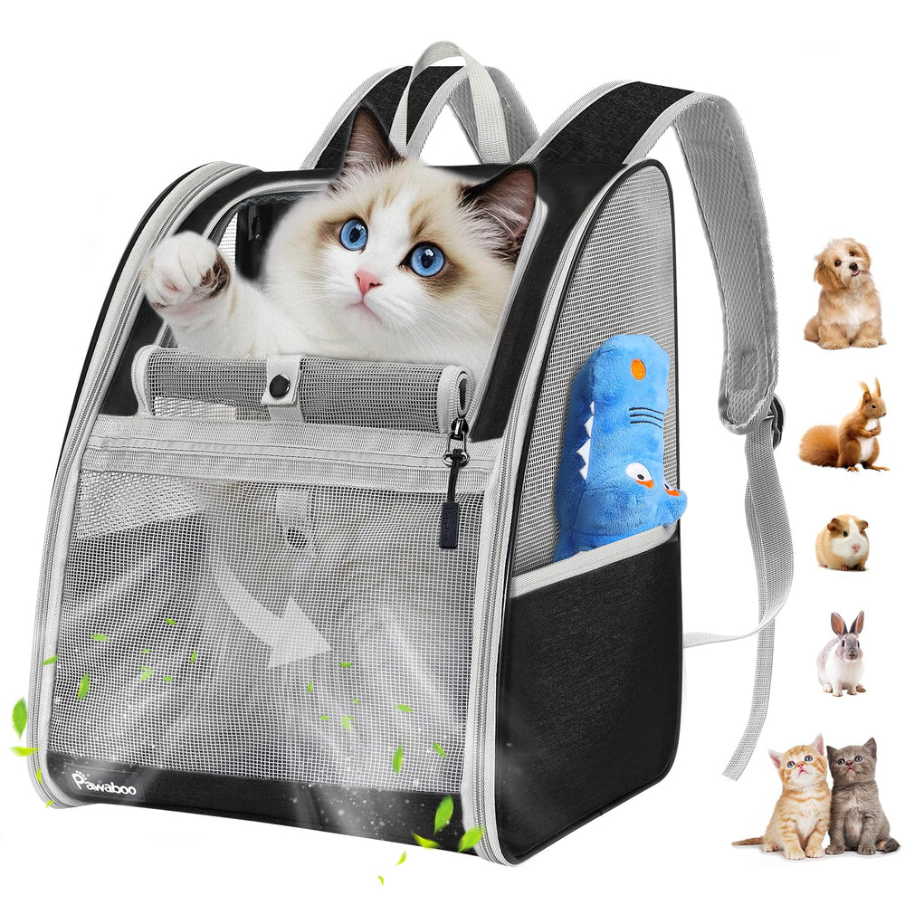 Pawaboo cat carrier backpack front view with breathable mesh for comfy travel.