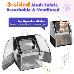 Pawaboo cat carrier backpack top-open view allowing head-stretch for curiosity.