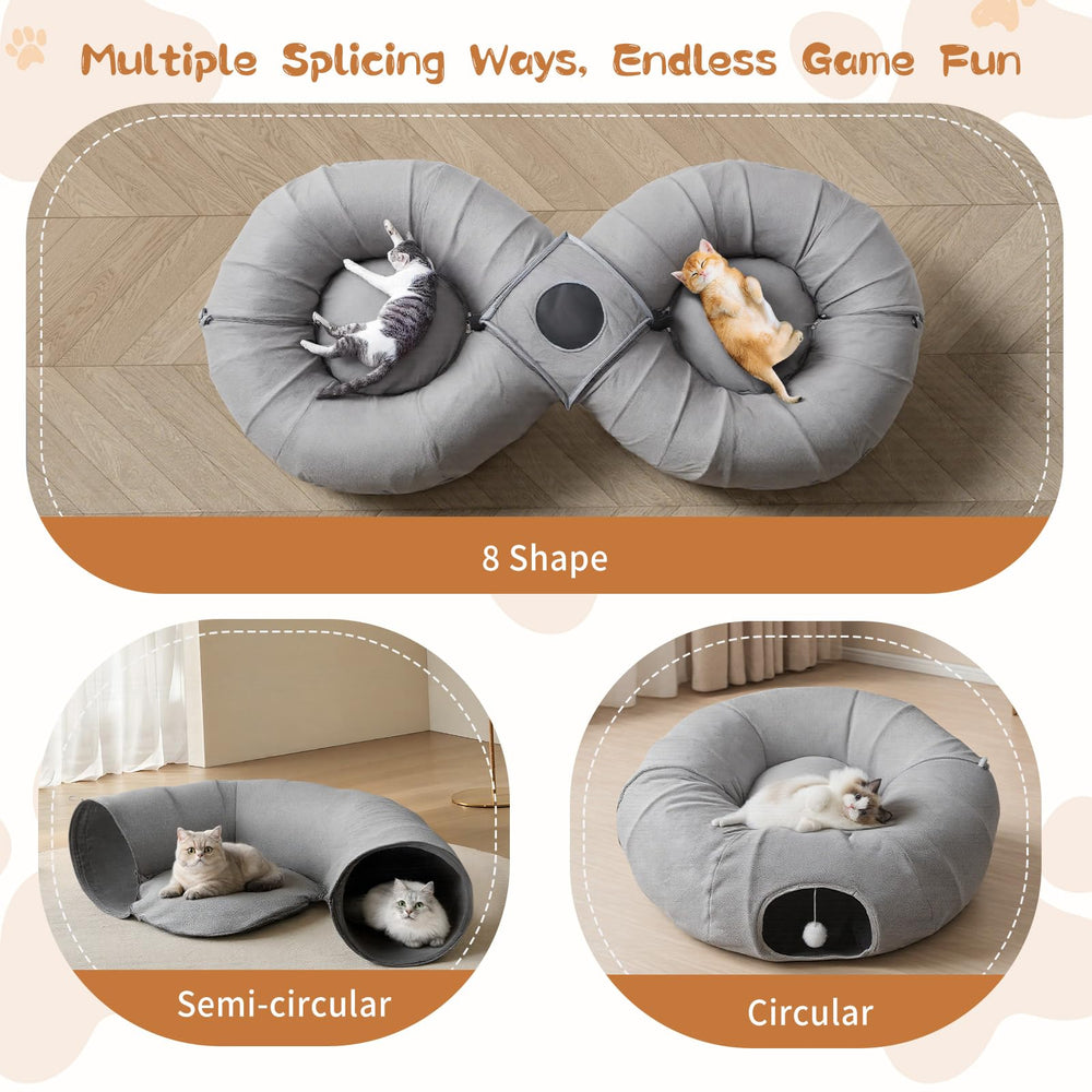 Pawaboo cat tunnel bed soft plush cushion provides cozy lounging after play.