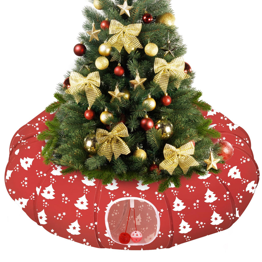 Pawaboo cat tunnel bed under Christmas tree creates a festive play space.