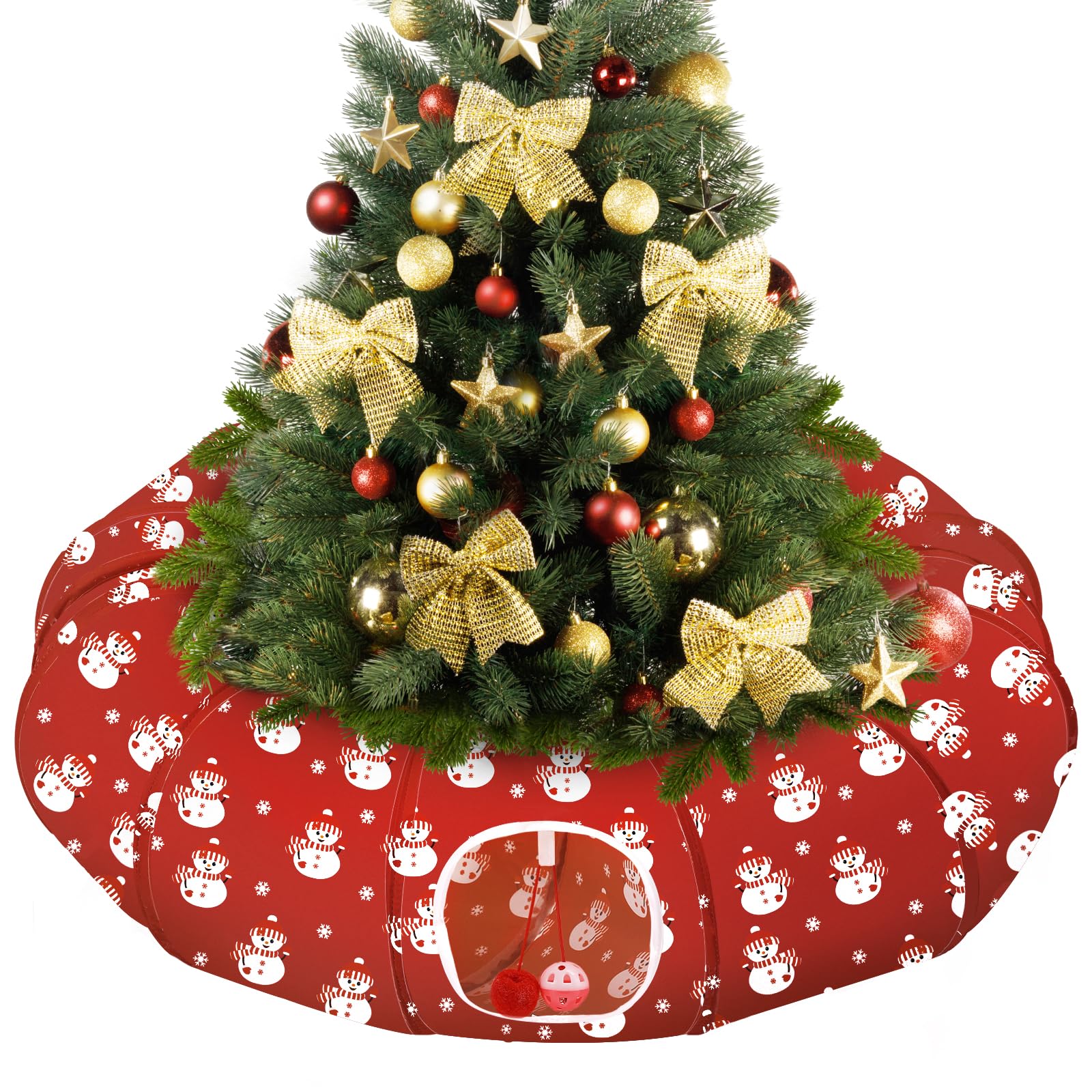 Pawaboo cat tunnel bed under the Christmas tree adds festive charm and cozy play space.
