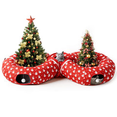 Pawaboo Christmas Cat Tunnel Bed front view with cozy plush cushion.