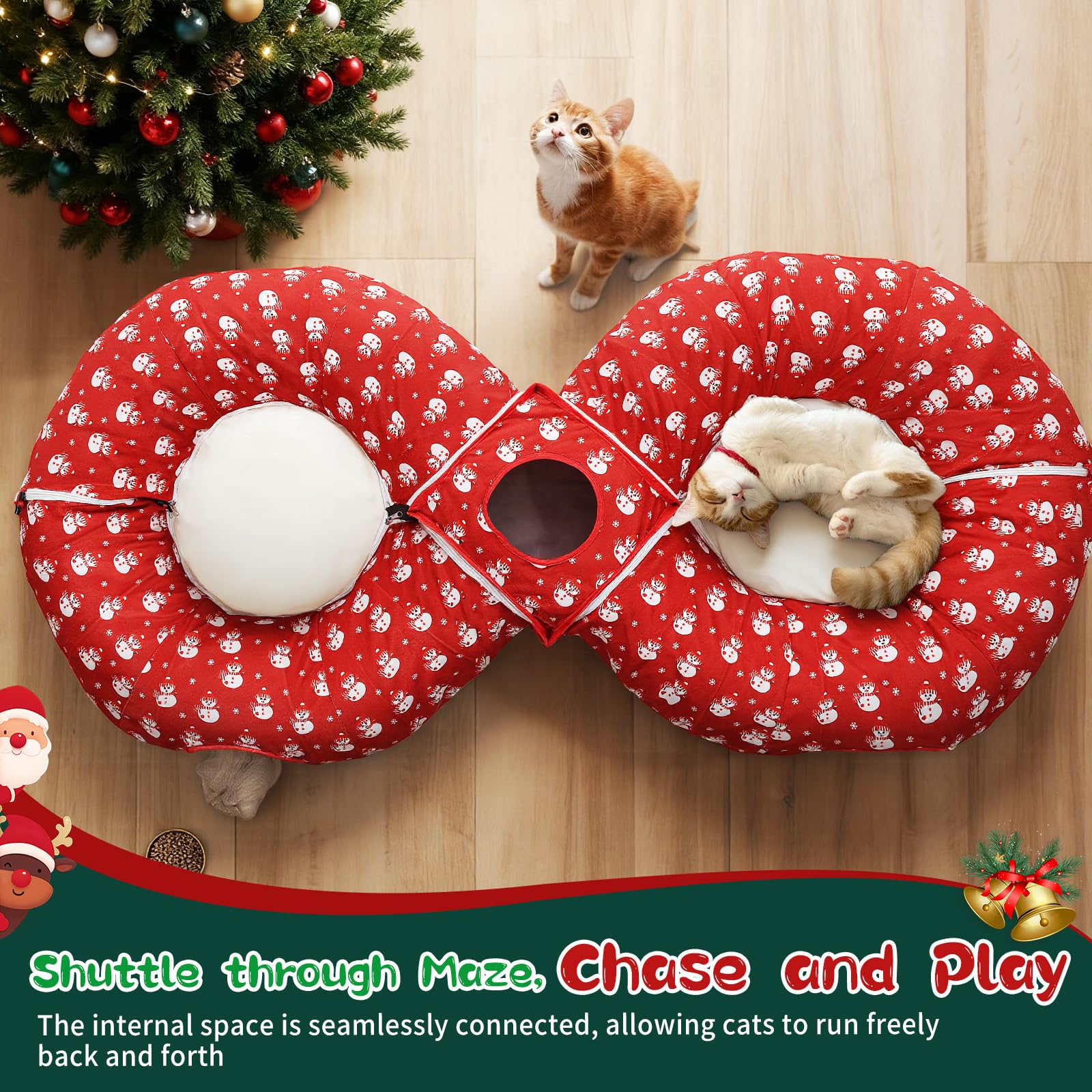 Pawaboo Christmas Cat Tunnel Bed side view highlighting durable steel frame.