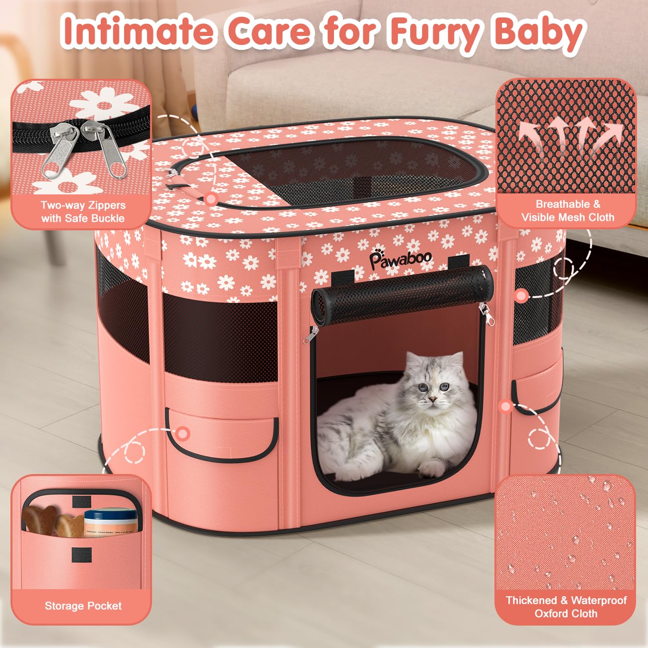 Pawaboo dog playpen 360-degree view enables pet visibility to reduce anxiety.