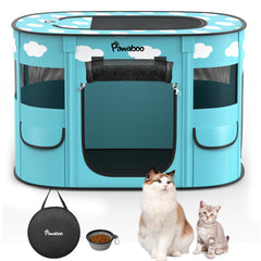 Pawaboo dog playpen in blue and white clouds provides a safe indoor space.