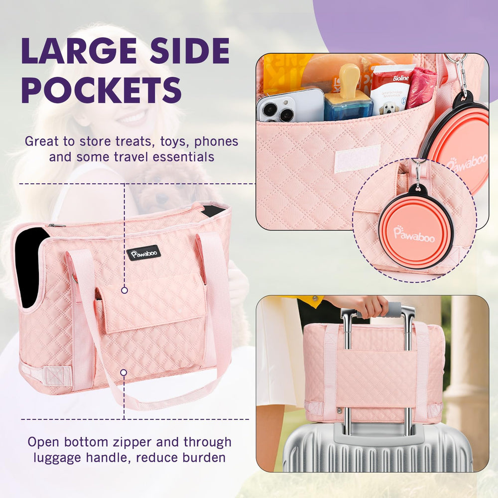 Pawaboo dog purse carrier front pocket for travel essentials.
