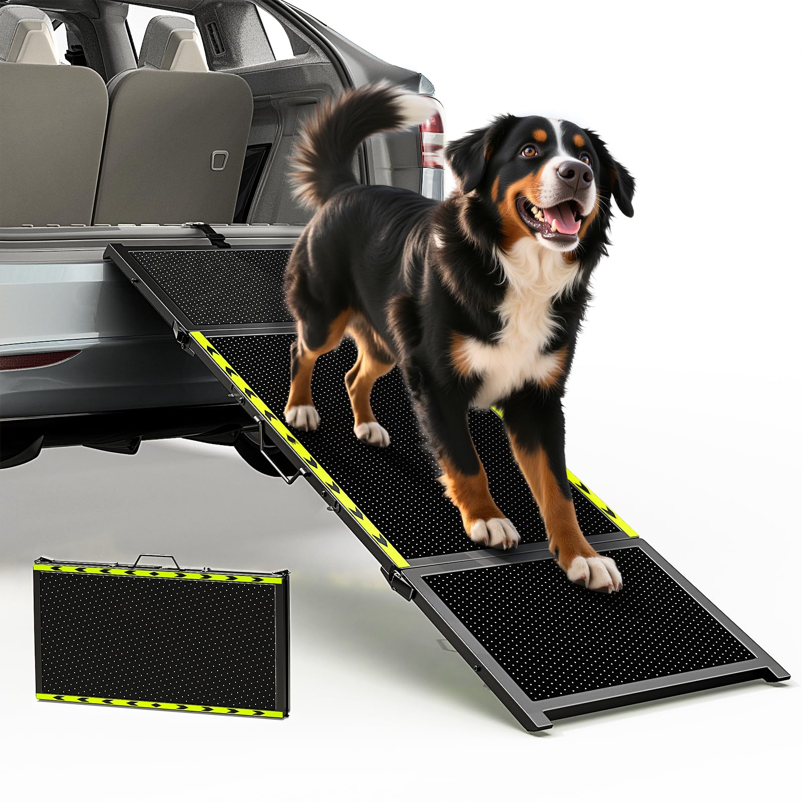 Pawaboo dog ramp 67in long demonstrates extended access for easy car entry.