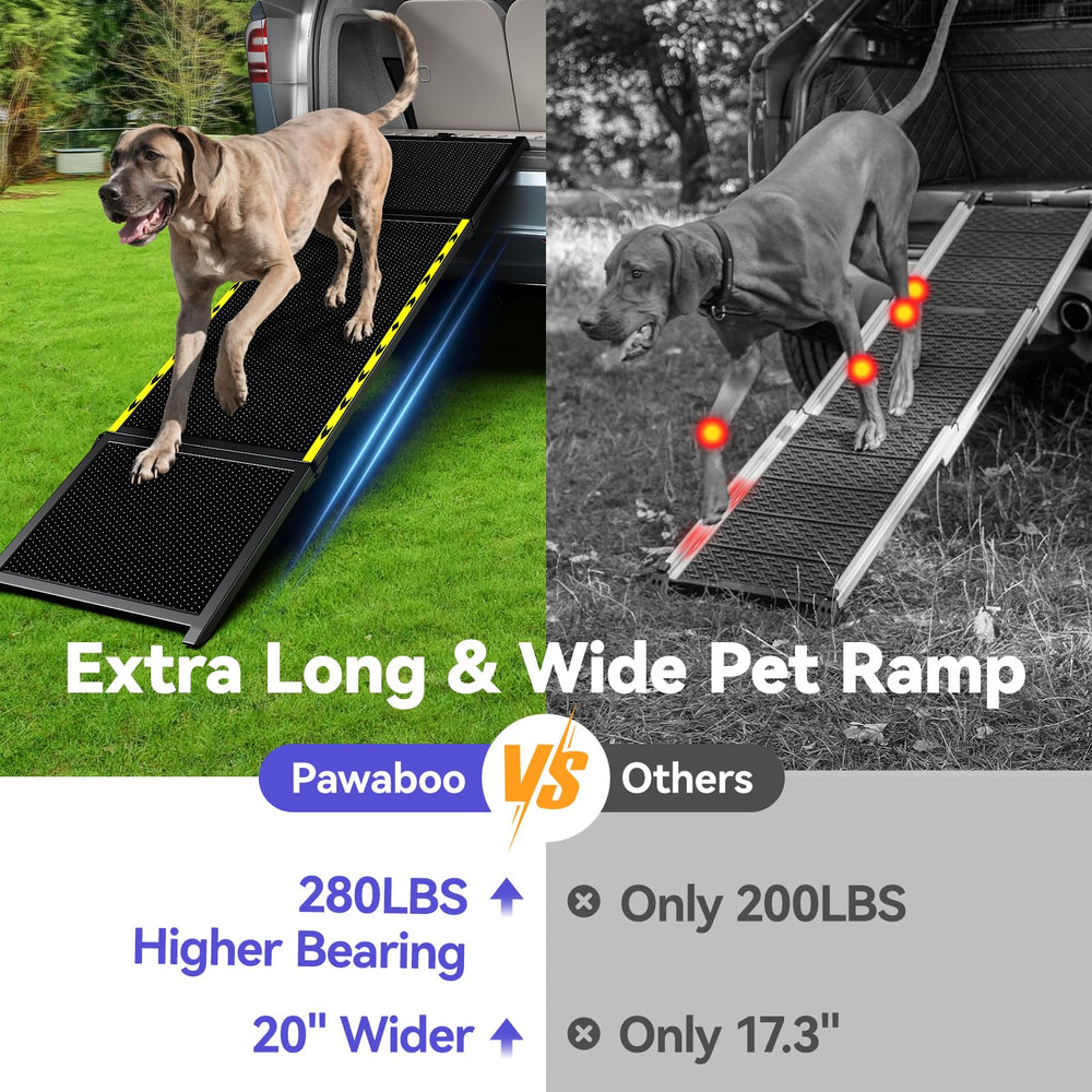 Pawaboo dog ramp extended slope aiding senior dogs to climb without jumping.