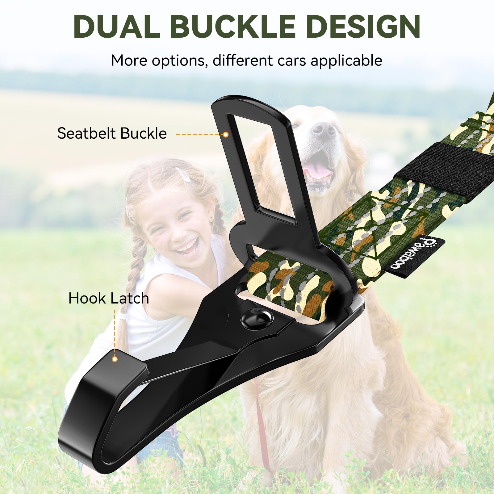 Pawaboo dog seatbelt-360-degree-buckle provides secure, twist-free restraint for dogs.