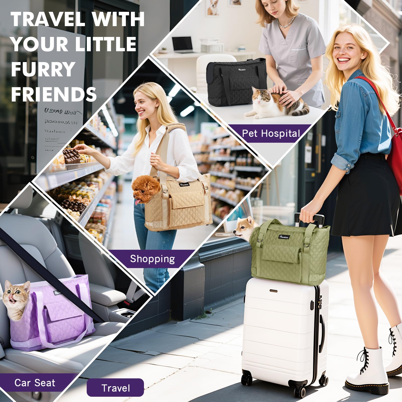 Pawaboo ergonomic handles and luggage pass-through for travel.
