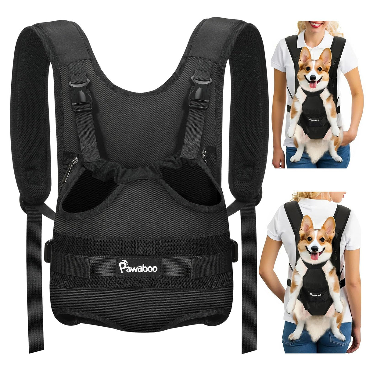 Pawaboo front carrier backpack with dog on chest for hands-free travel