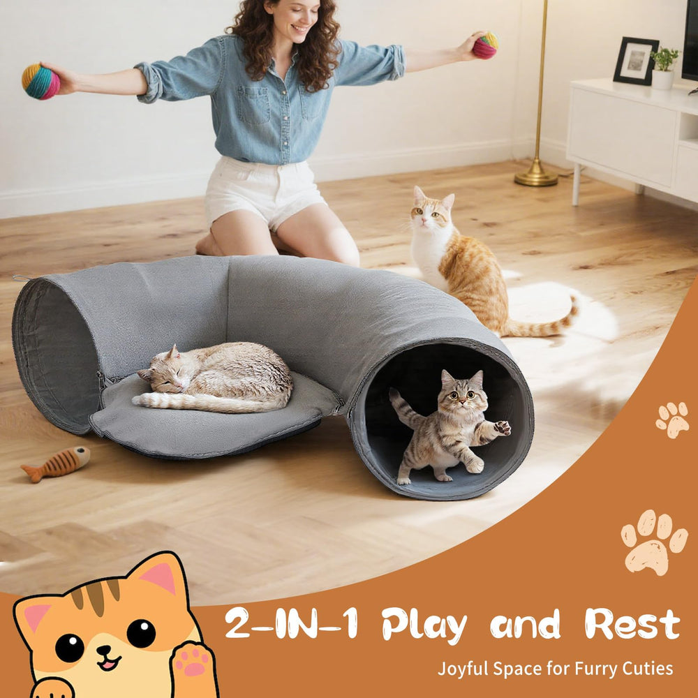 Pawaboo grey cat tunnel hideout offers cozy retreat and sensory enrichment.