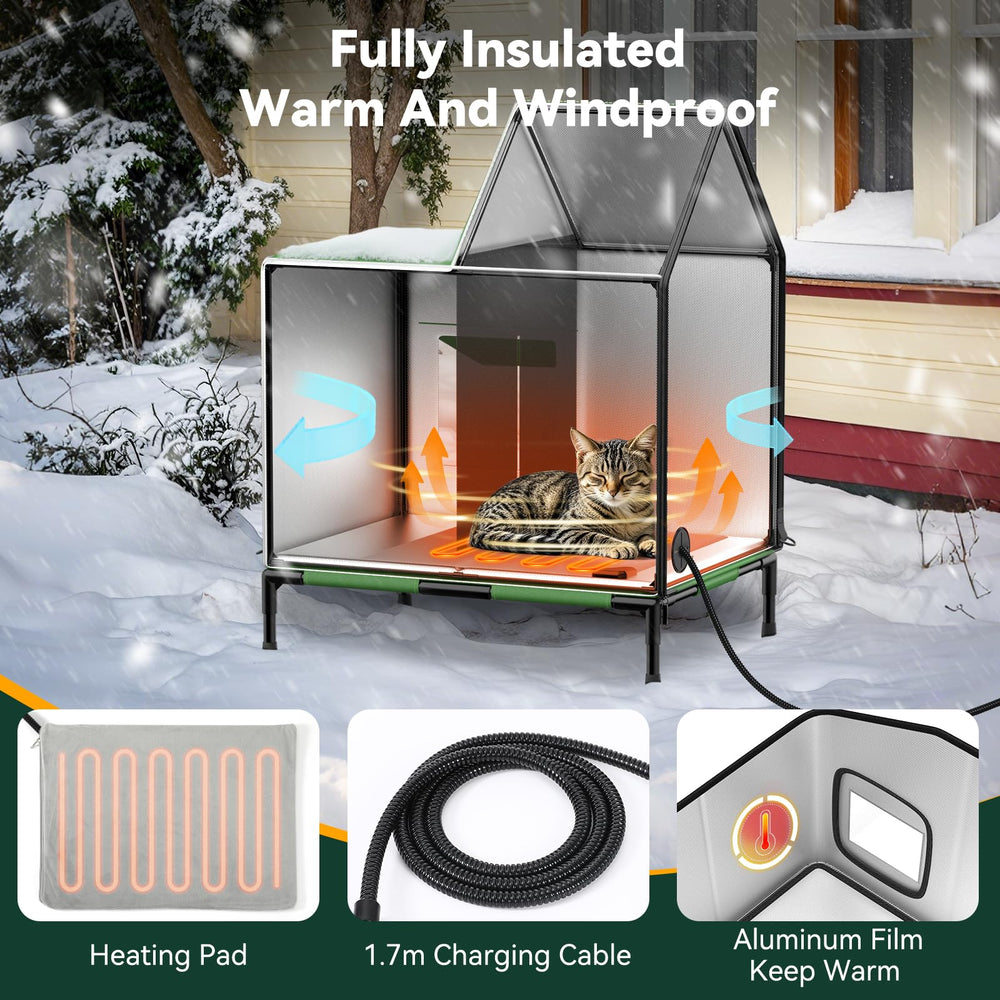 Pawaboo heated cat house elevated base keeps paws off cold ground for warmth.