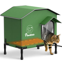 Pawaboo heated cat house outdoor front view shows weatherproof winter shelter