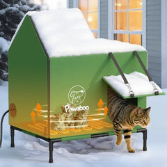 Pawaboo heated outdoor cat house with rainproof awning for a dry shelter.