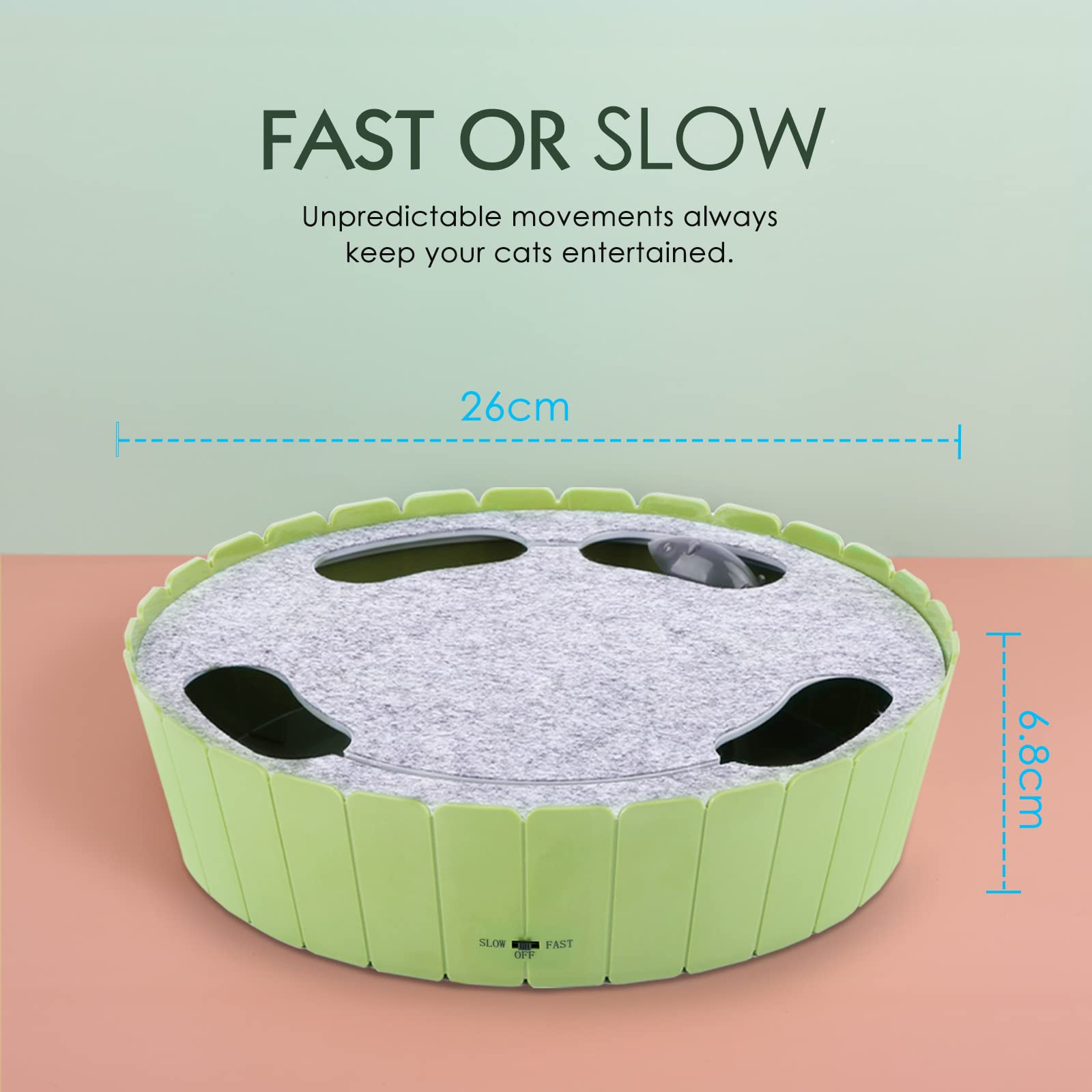 Pawaboo interactive toy running mouse battery compartment illustrates simple on-off setup.