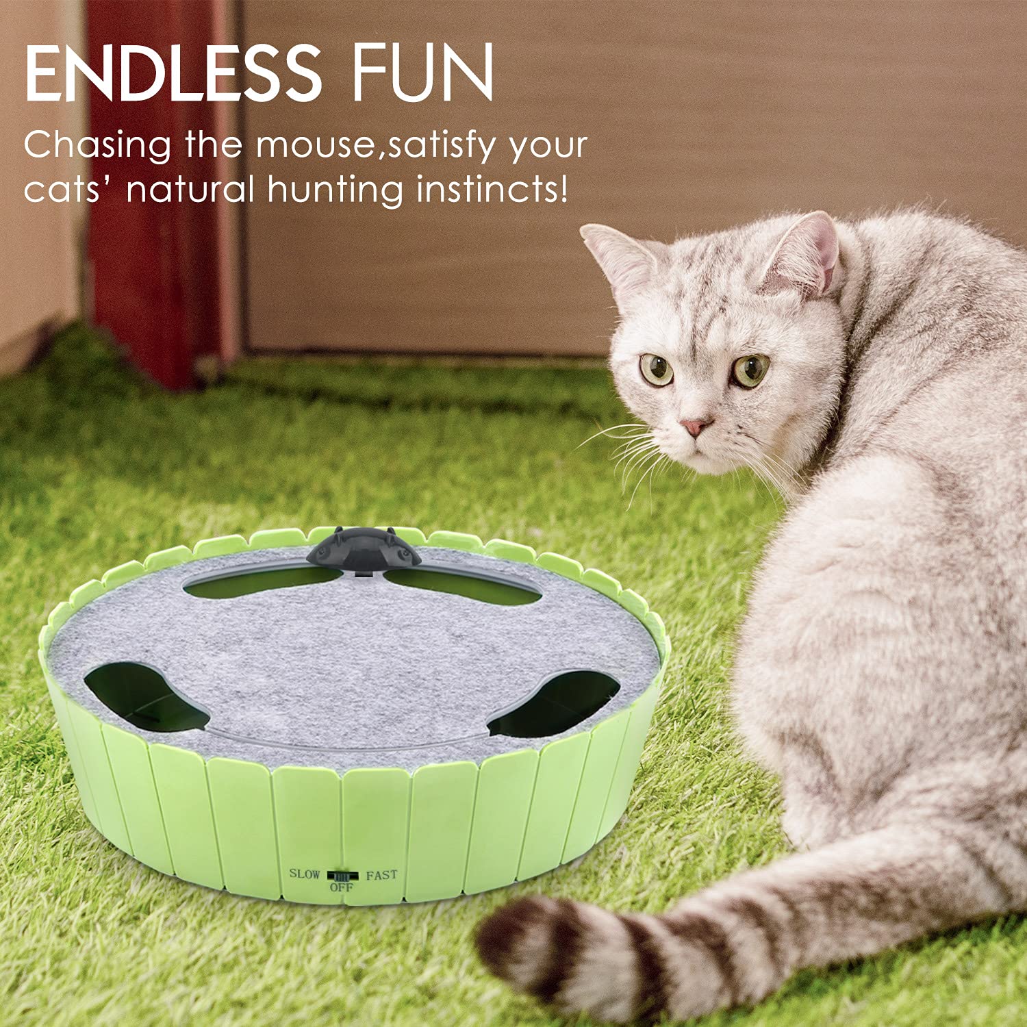 Pawaboo interactive toy running mouse side view shows portable indoor entertainment for curious cats.