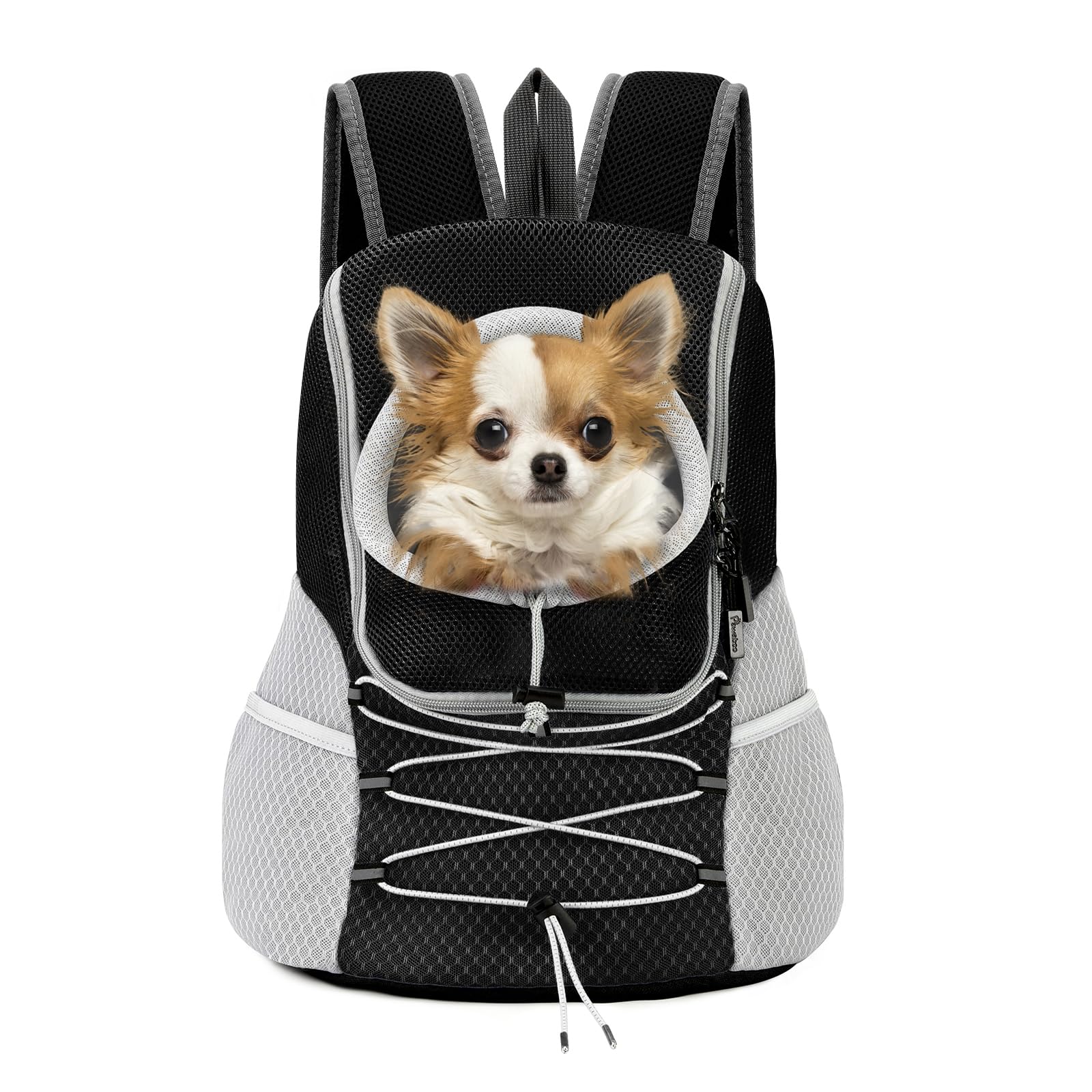 Pawaboo Pet Dog Carrier Backpack front view enables hands-free hiking with your dog.