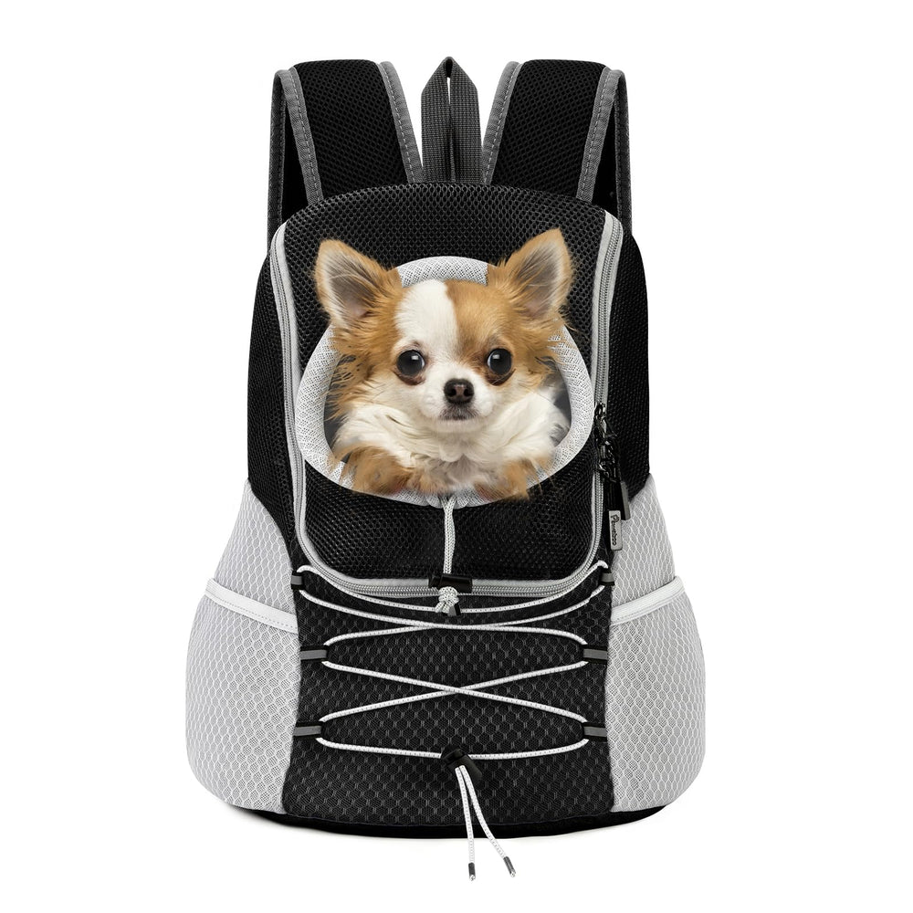 Pawaboo Pet Dog Carrier Backpack front view enables hands-free hiking with your dog.