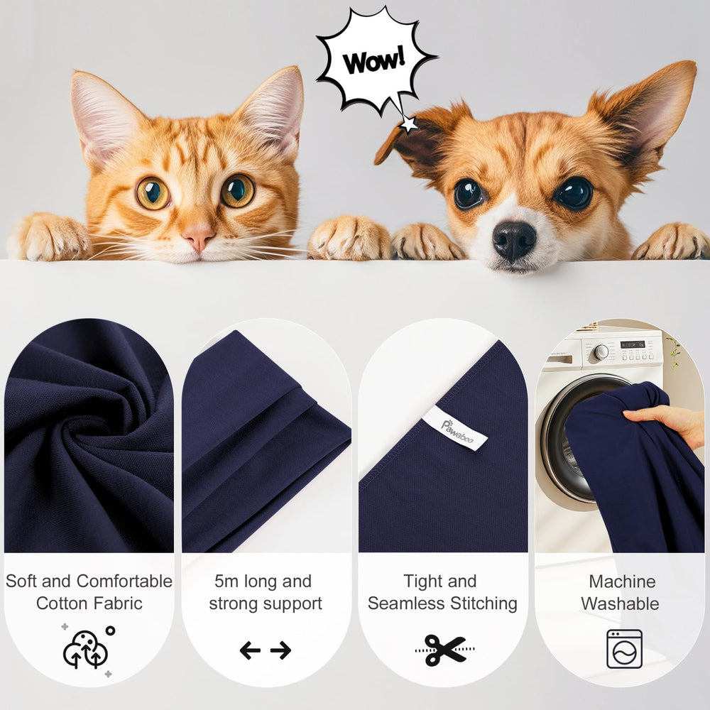 Pawaboo pet sling carrier on hike using navy fabric for secure hands-free adventure.