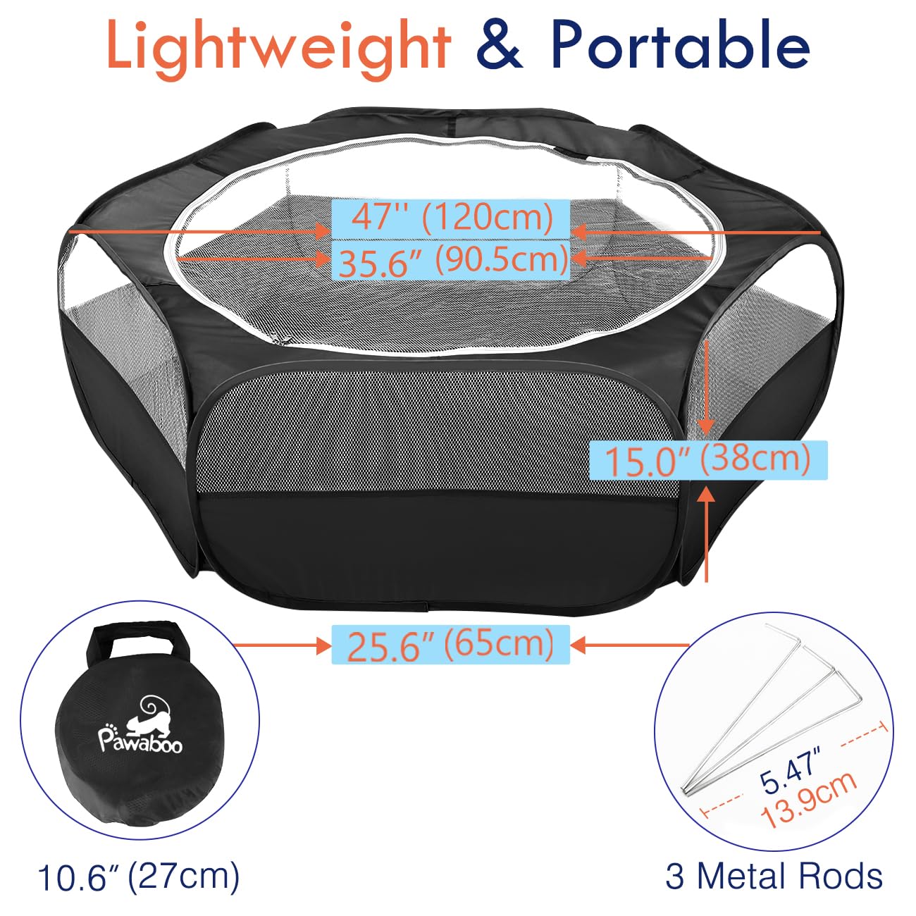 Pawaboo playpen three metal rods provide stability in windy spaces.