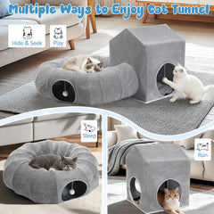 Pawaboo plush toy ball at tunnel entrance entices chase-and-play sessions for kittens.