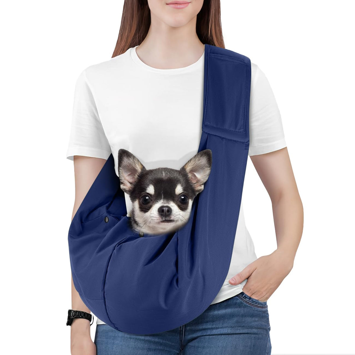 Pawaboo Indigo small dog sling with front view for hands-free outings
