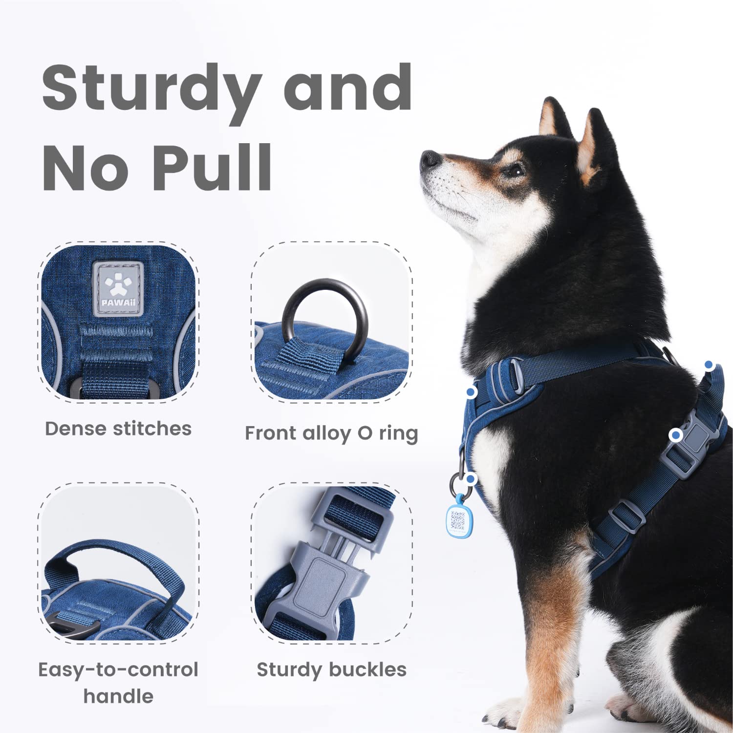 Pawaii No Pull Harness reflective strips at night improve visibility for safe walks.