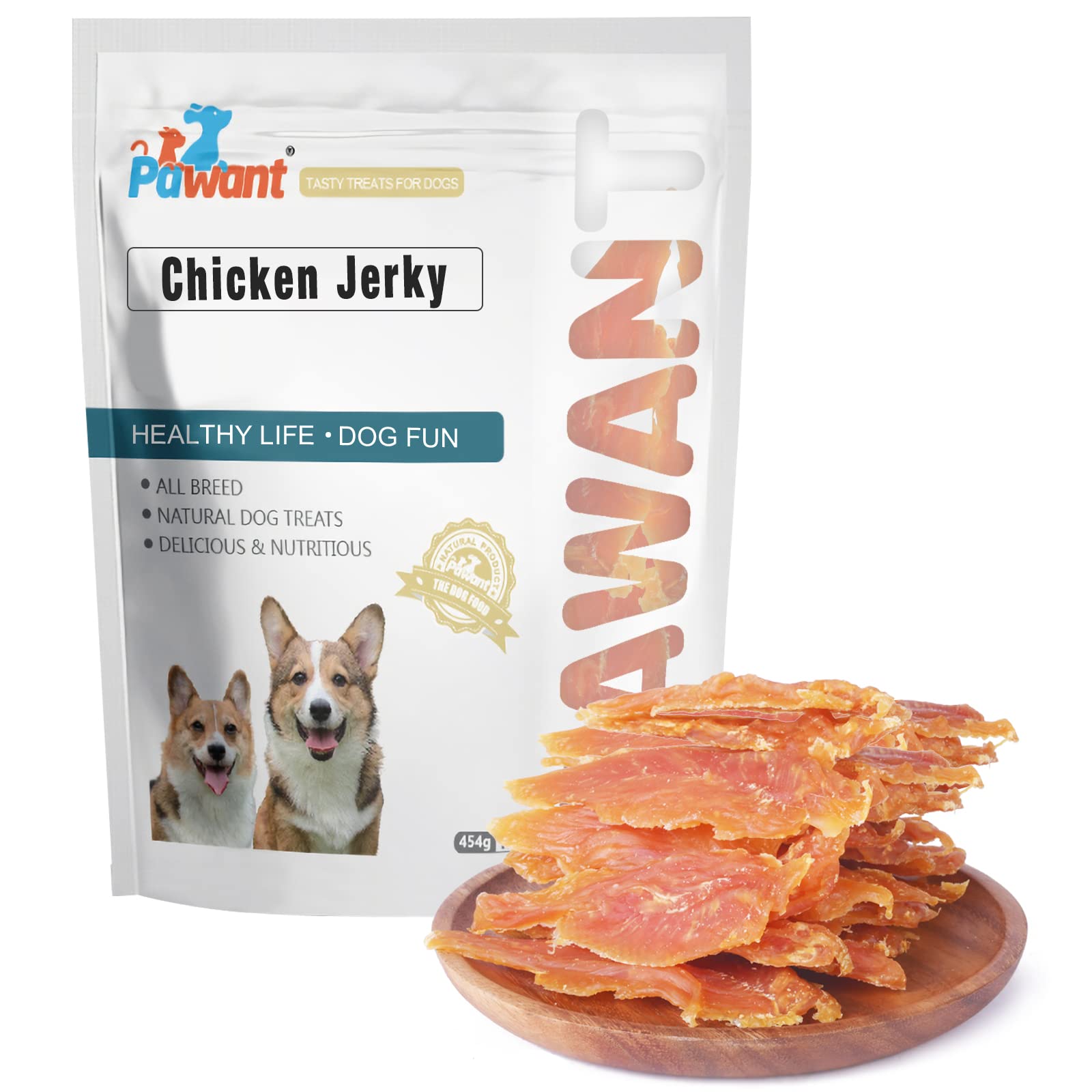 Pawant Chicken Jerky dog treats packaging with a resealable bag for fresh training rewards.