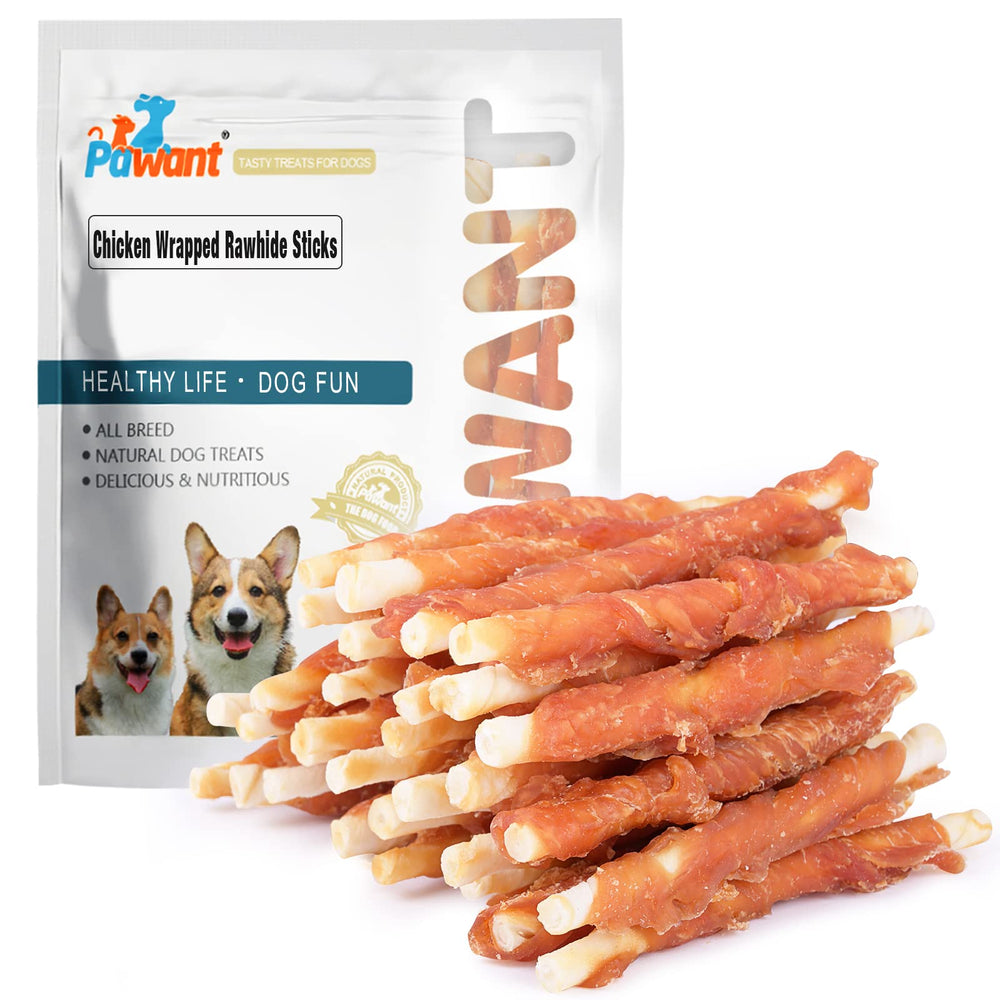 Pawant chicken-wrapped rawhide stick closeup highlighting dental-friendly chewing.
