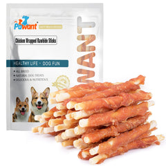 Pawant chicken-wrapped rawhide stick closeup highlighting dental-friendly chewing.