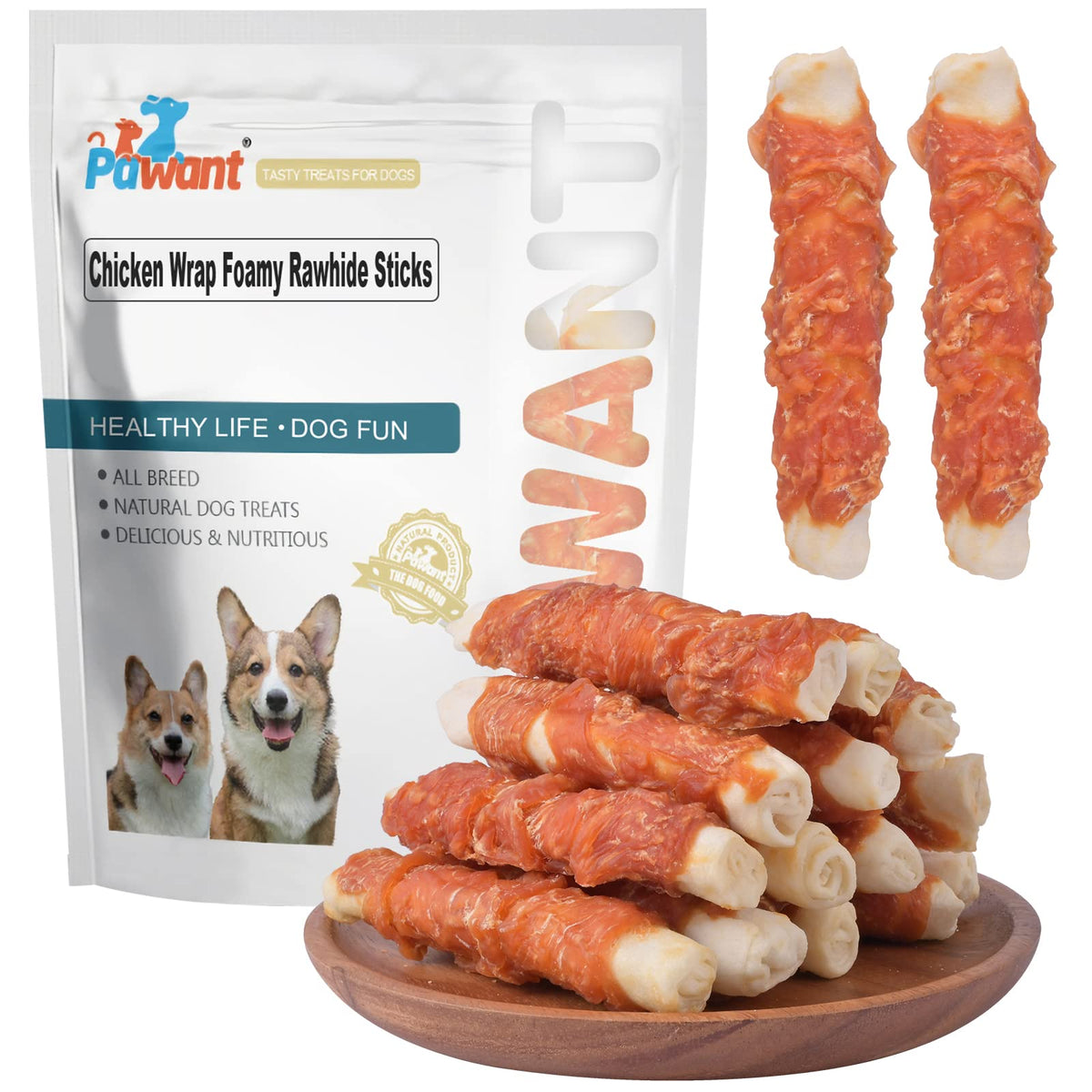 Pawant rollos envueltos en pollo, snack sabroso para entrenamiento y juego.