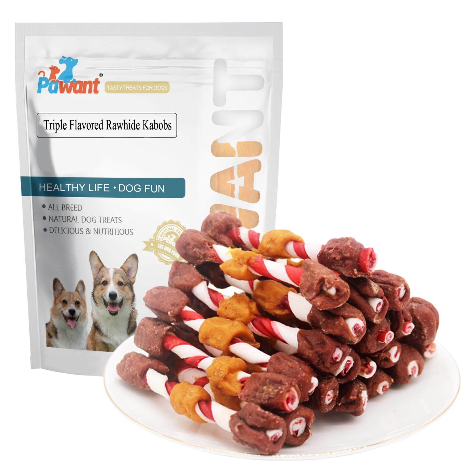 Pawant Triple Flavored Kabob two-tone rawhide close-up highlights a long-lasting chew