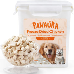 Pawaura freeze-dried chicken treats packaging shows premium single-ingredient nutrition for training rewards.