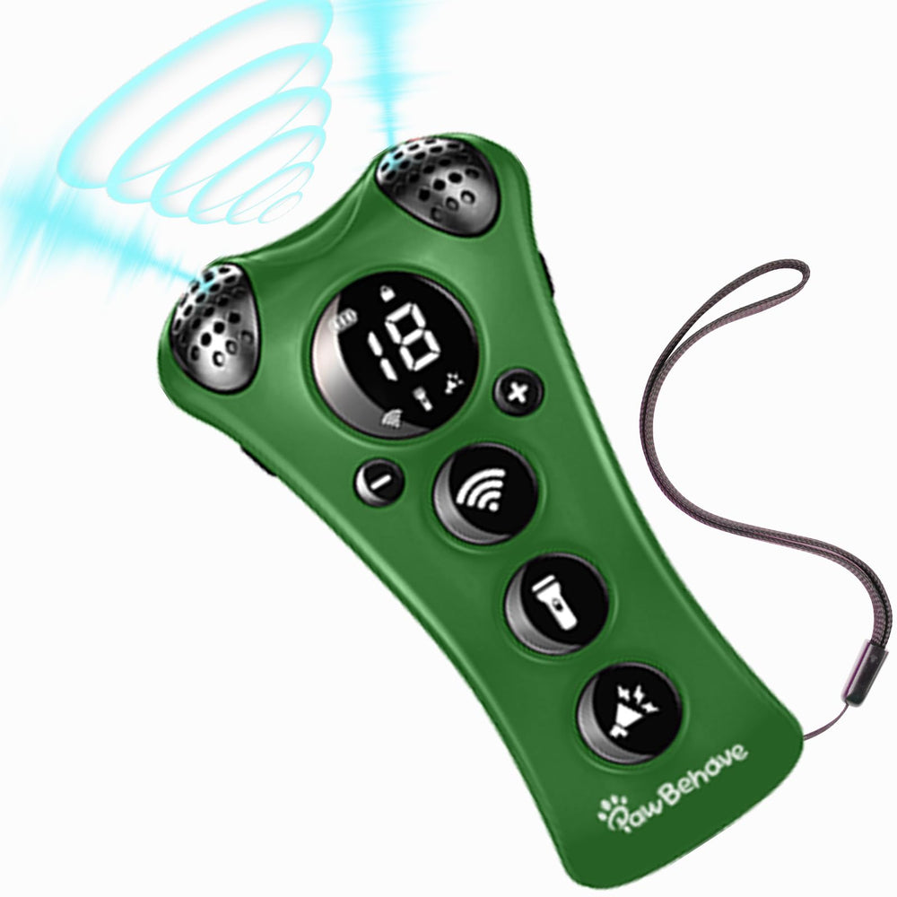 PawBehave bark deterrent front-view shows compact handheld design for humane training.