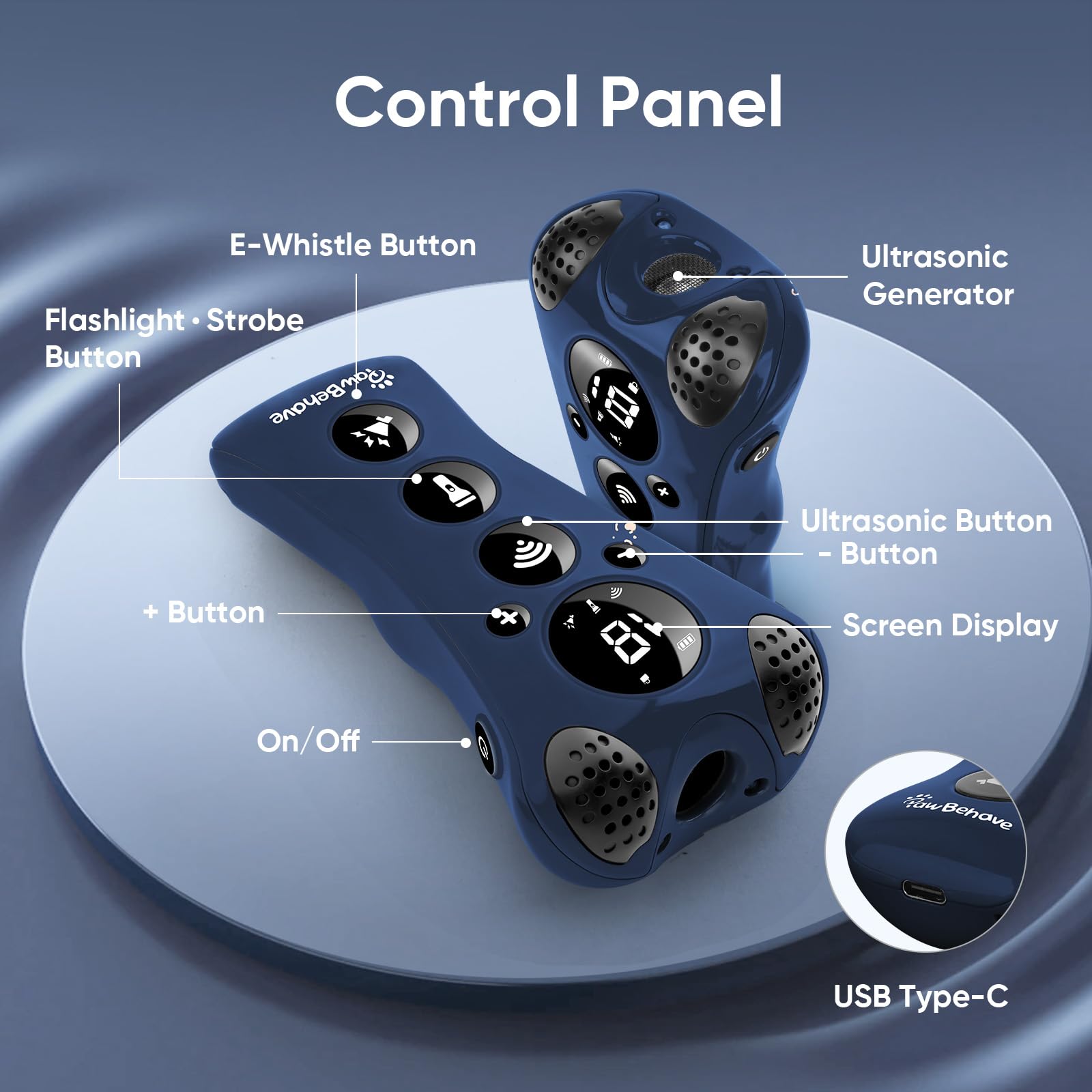 PawBehave ultrasonic bark deterrent E-Clicker demo image shows training cues