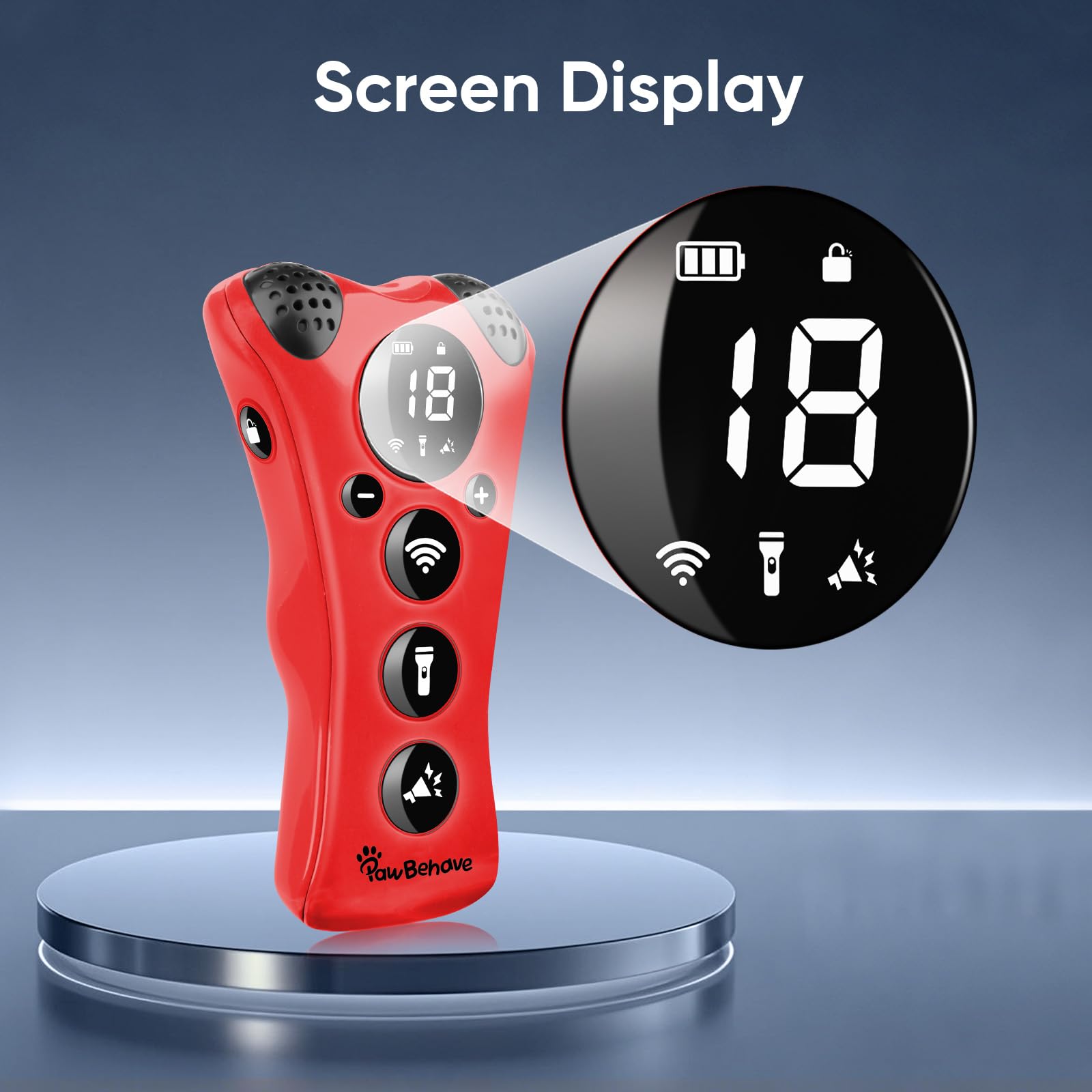 PawBehave e-clicker image showcases audible training signals with 18 whistle sounds