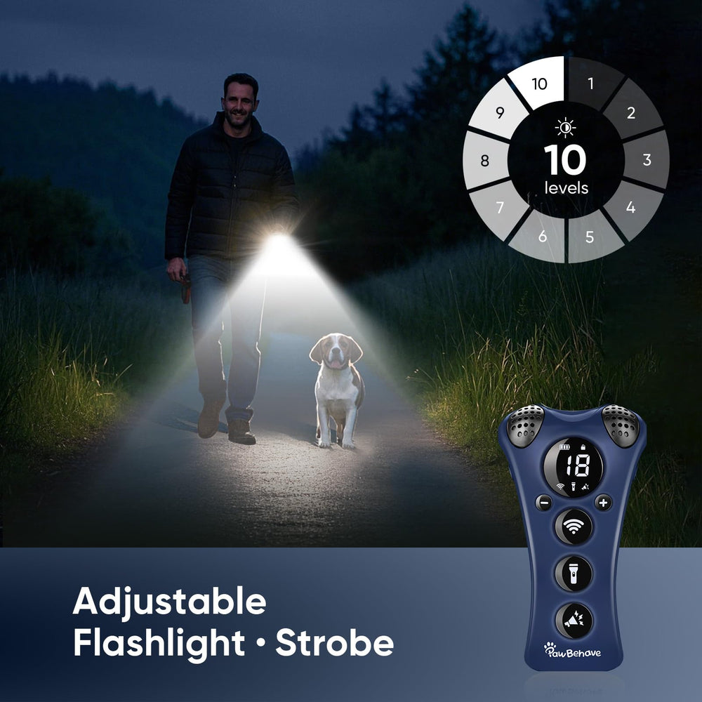 PawBehave ultrasonic bark deterrent night-use setup demonstrates nighttime training without shock