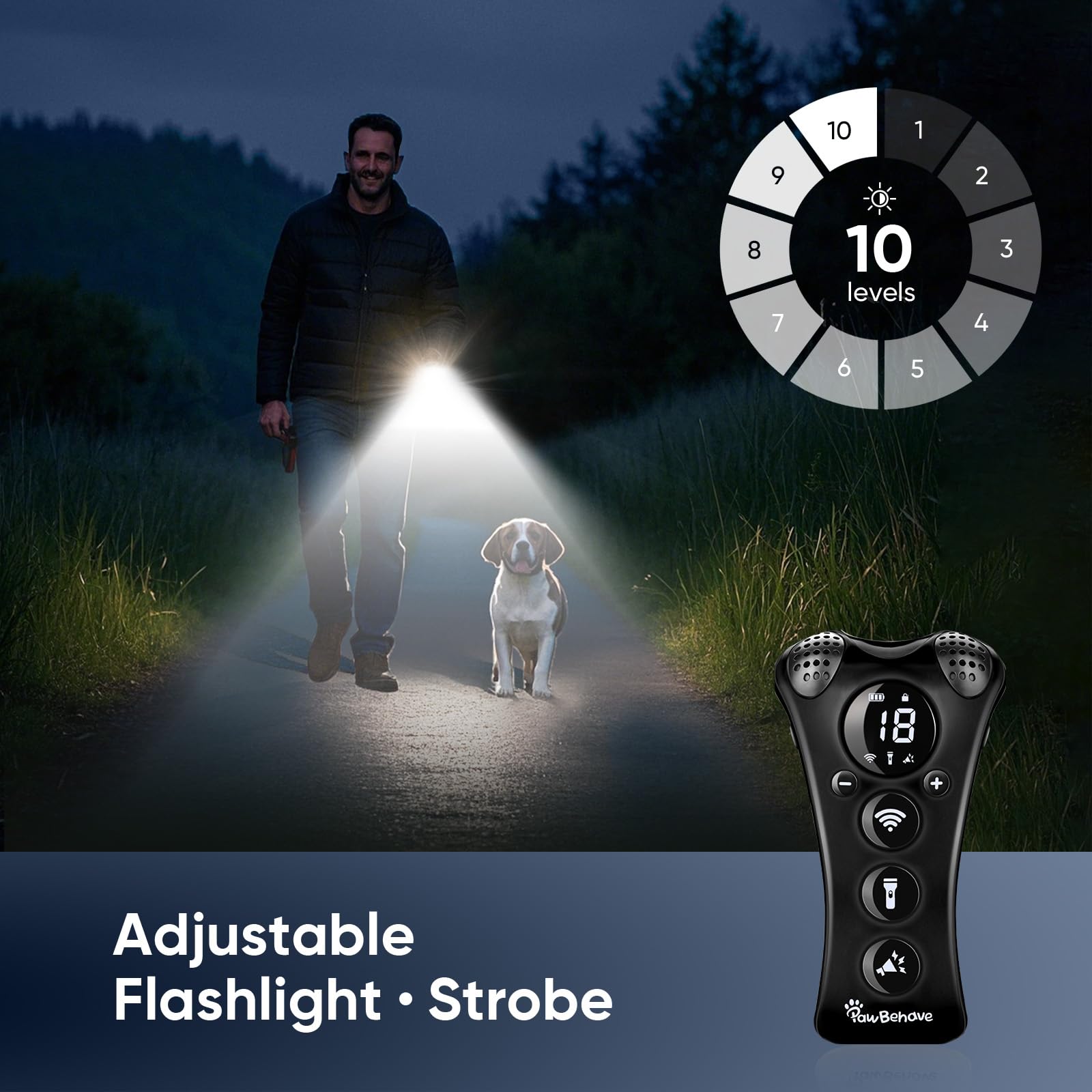 PawBehave ultrasonic bark deterrent flashlight mode provides night-time visibility for outdoor training.