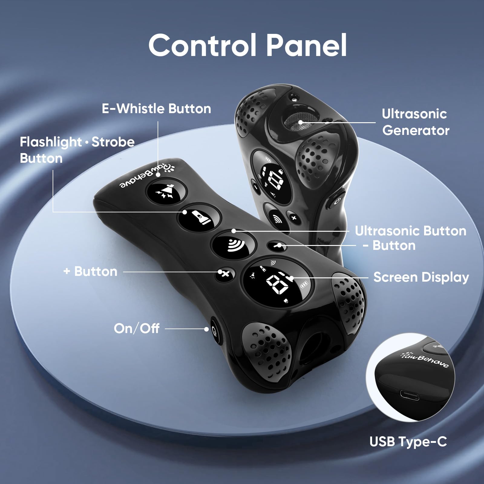 PawBehave ultrasonic bark deterrent LCD display shows mode and battery status clearly.