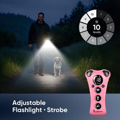 PawBehave ultrasonic dog bark deterrent side-buttons show six-function control and safety lock for simple operation