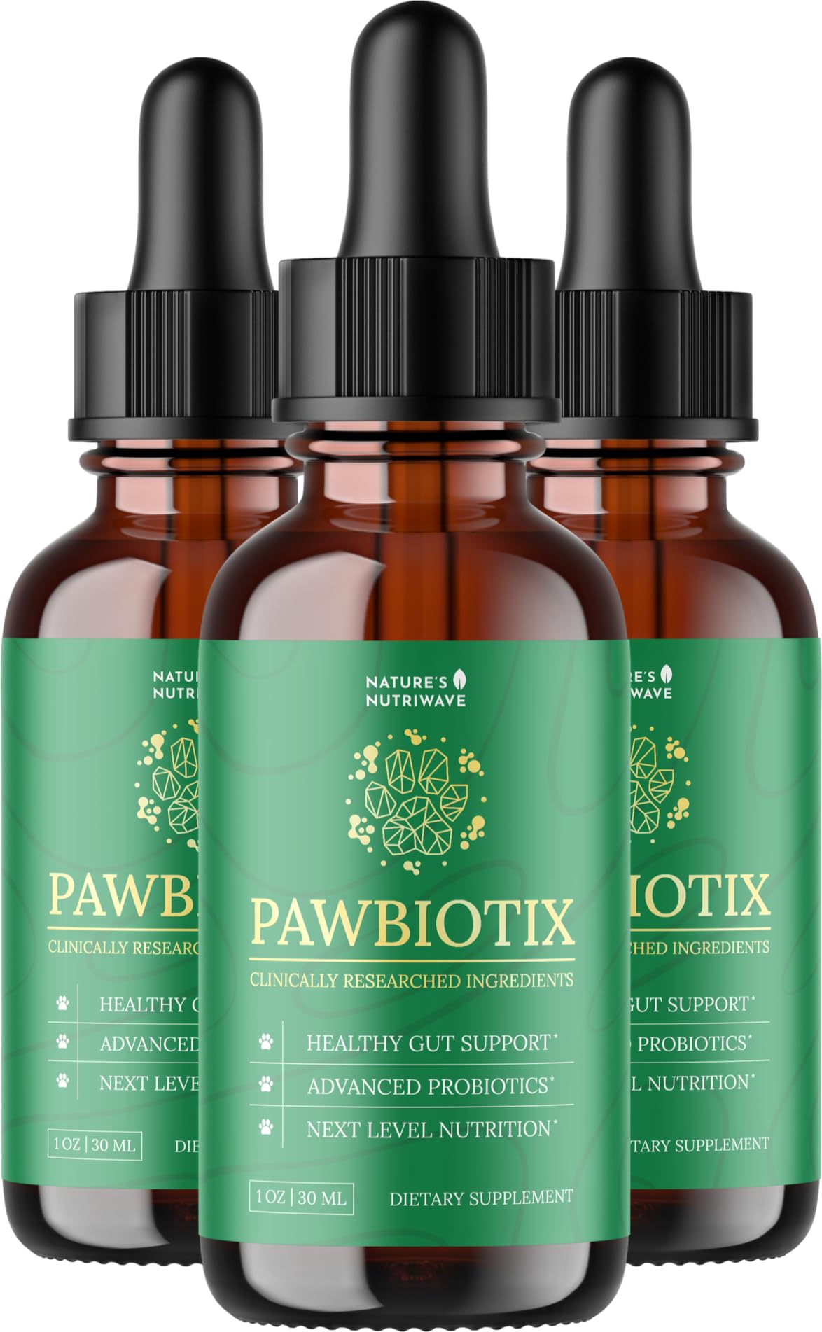 Nature's NutriWave Pawbiotix dog probiotic liquid bottle front for gut support.
