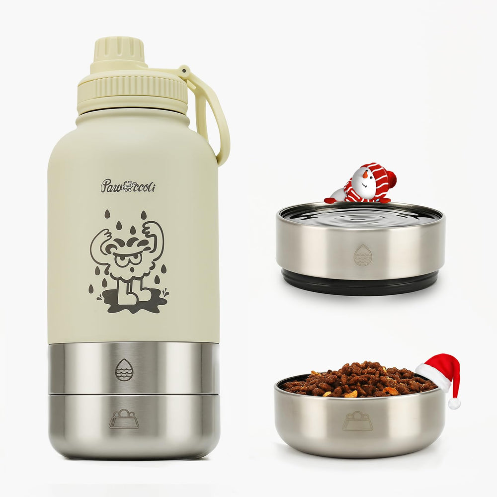 Pawccoli 34oz dog water bottle in cream with integrated bowls for on-the-go hydration.