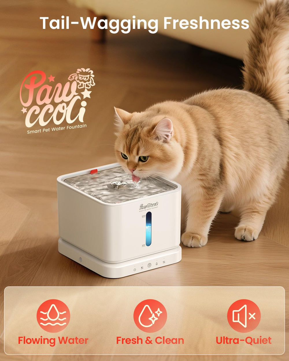 Pawccoli fountain in indoor setting provides easy hydration for pets.