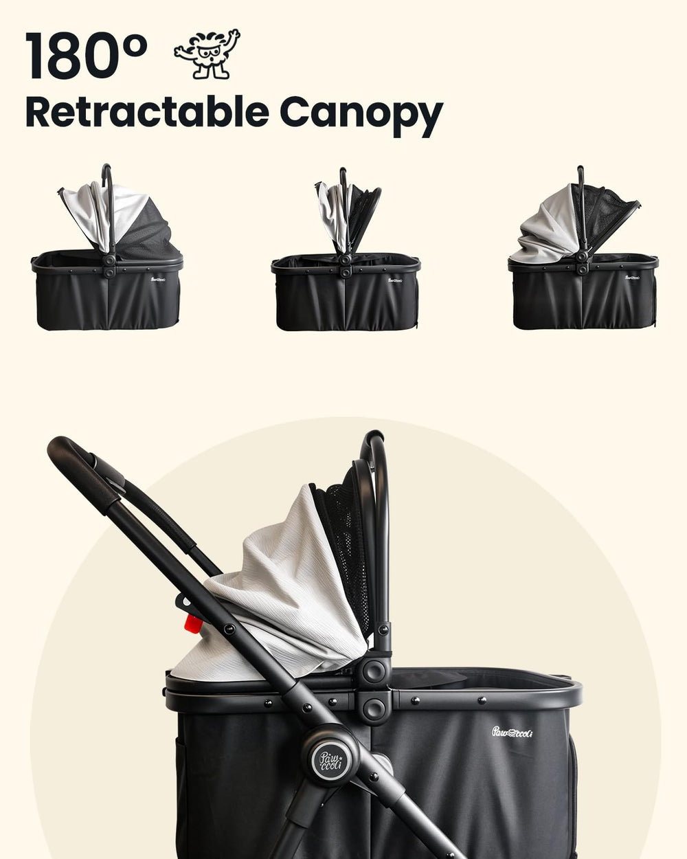 Pawccoli pet stroller 360-degree wheels navigate rough pavement smoothly.