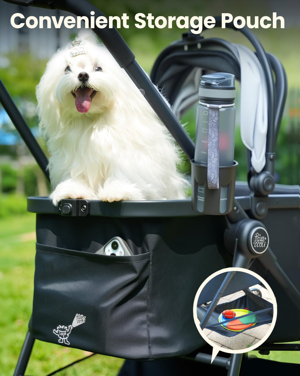 Pawccoli pet stroller adjustable canopy blocks sun during outings.