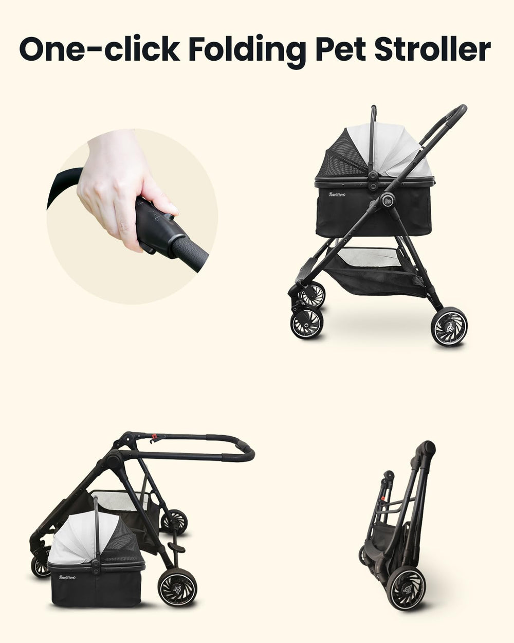 Pawccoli pet stroller ergonomic leather handle reduces arm strain.