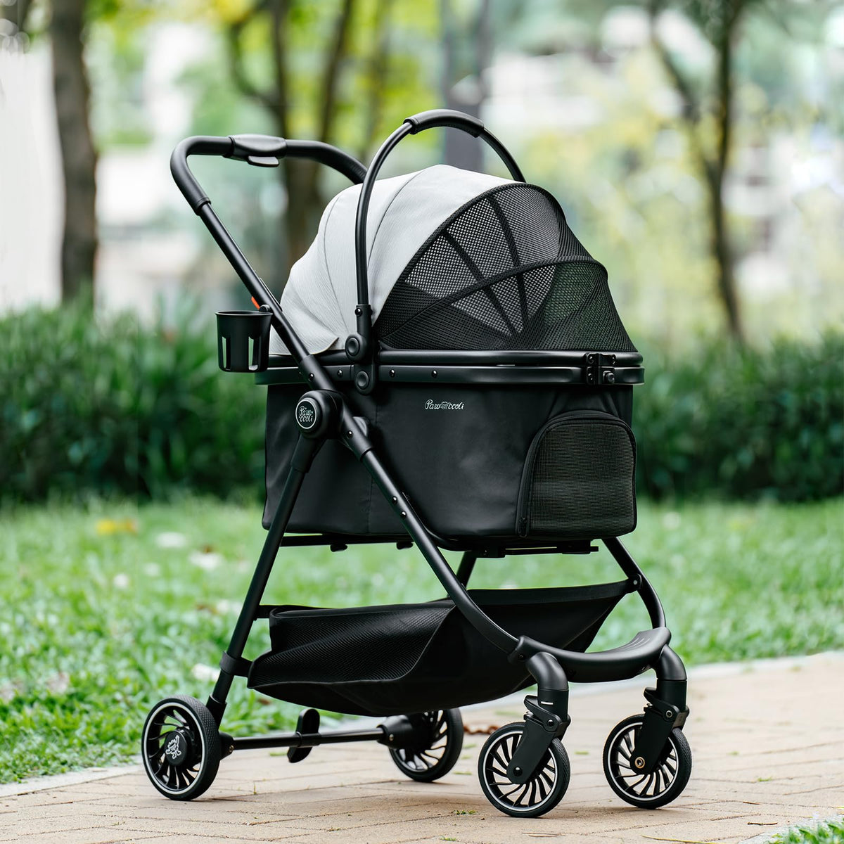 Pawccoli pet stroller folded for easy storage during travel.