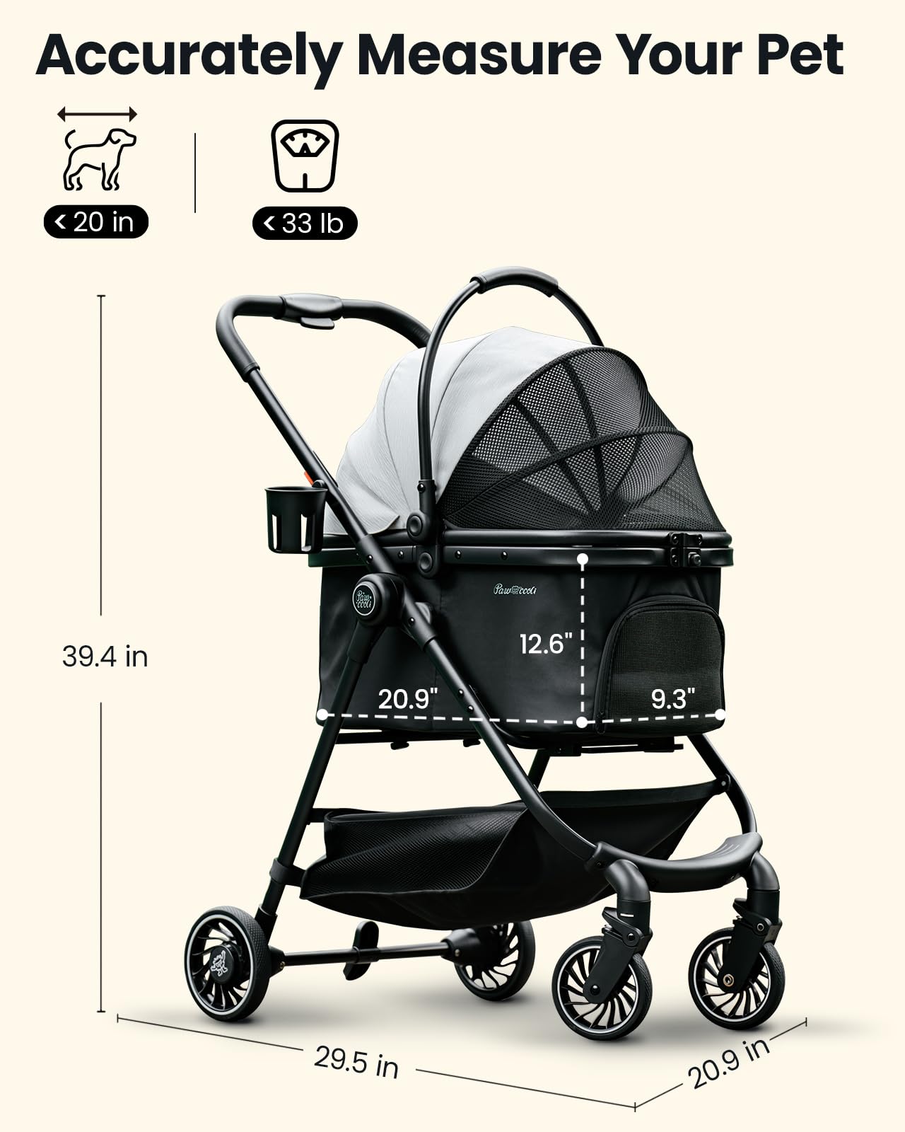 Pawccoli pet stroller side view highlights sturdy frame for daily walks.